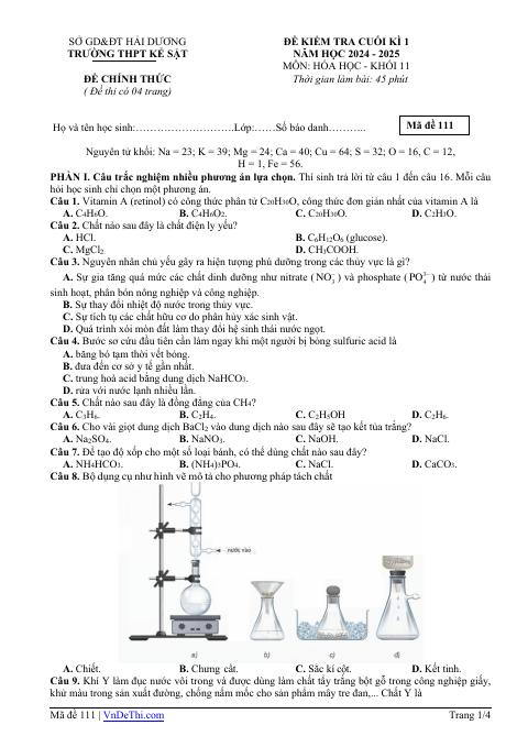 Đề thi Học kì 1 Hóa học 11 năm 2024-2025 trường THPT Kẻ Sặt (Hải Dương)